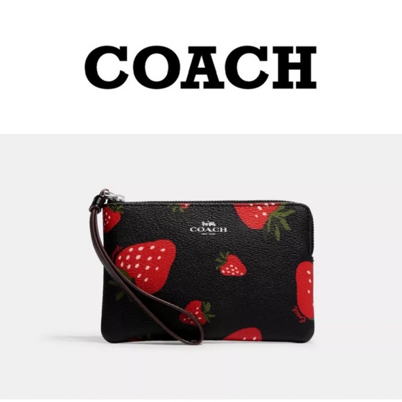 NEW Coach Coated Canvas Leather Black Strawberry Print Corner Zip Wristlet - Picture 9 of 16
